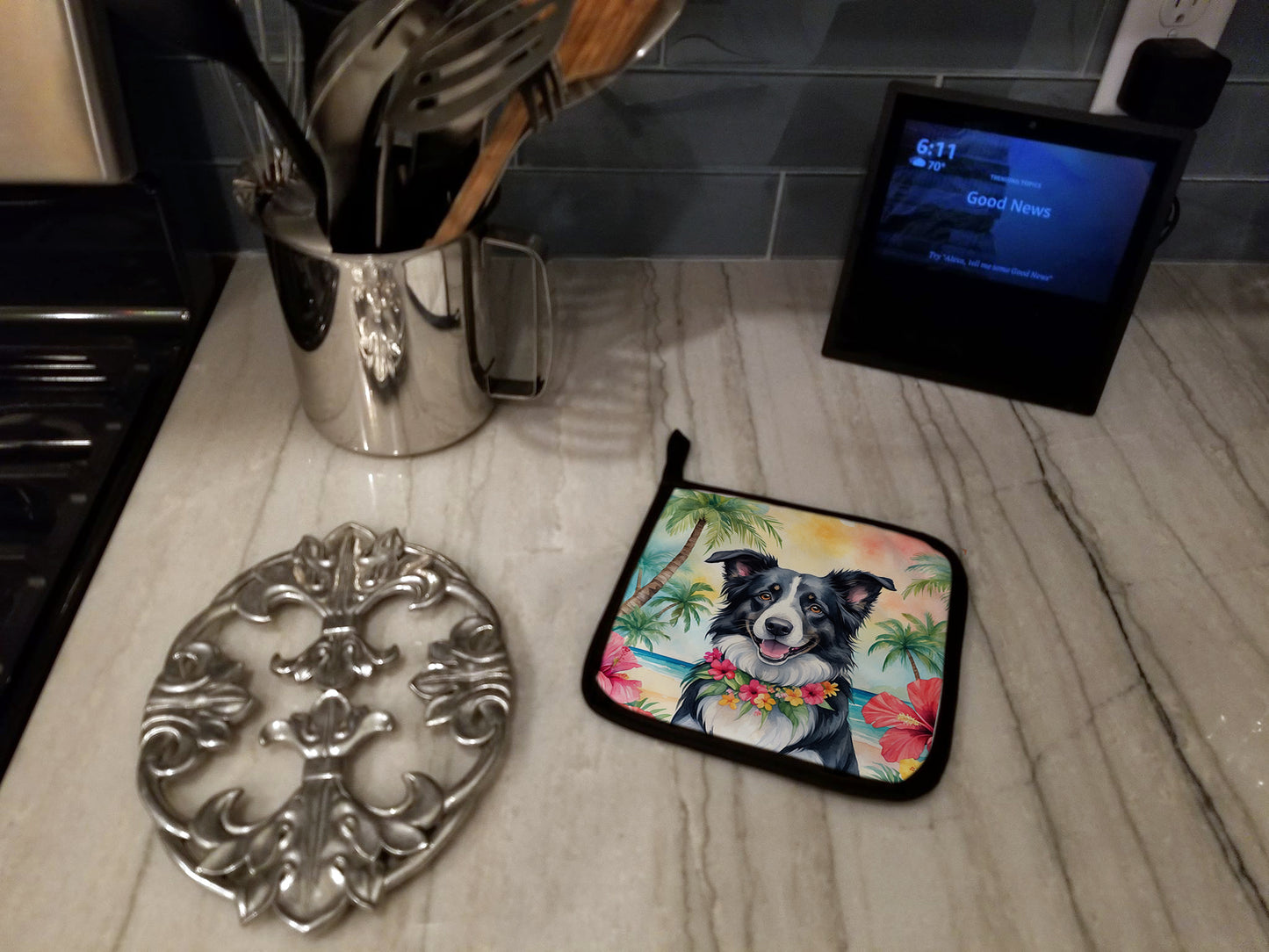 Border Collie Luau Pair of Pot Holders