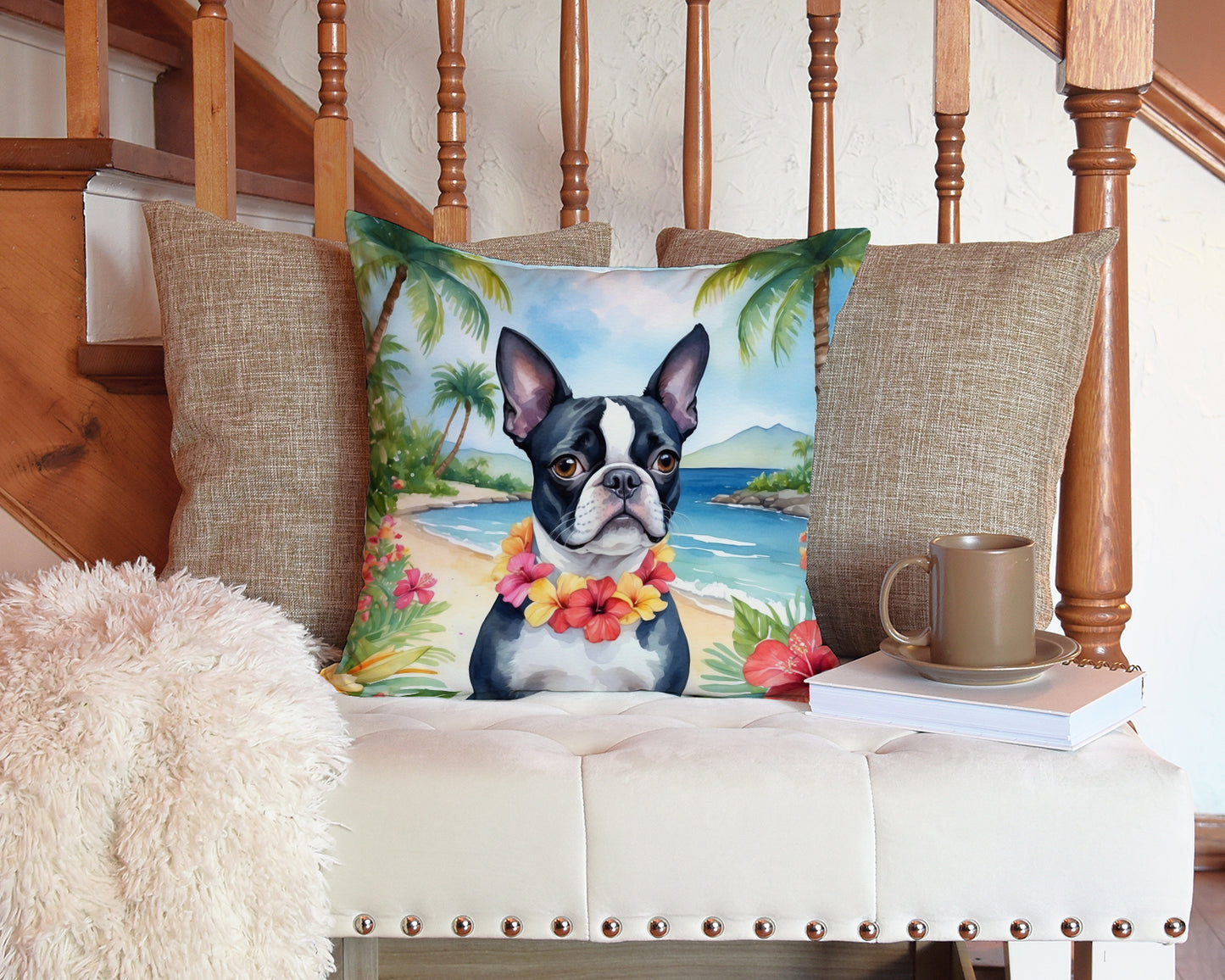 Boston Terrier Luau Throw Pillow