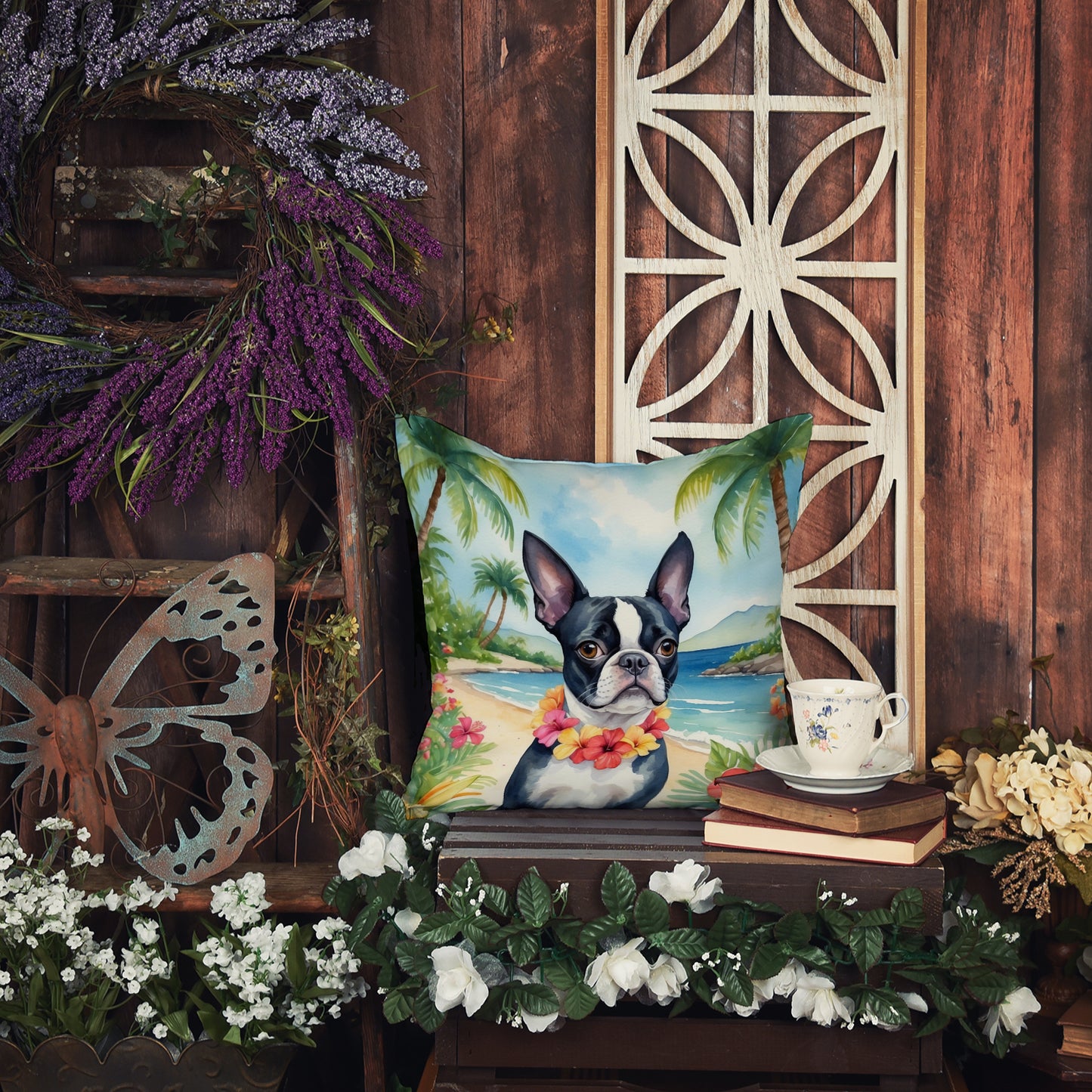 Boston Terrier Luau Throw Pillow