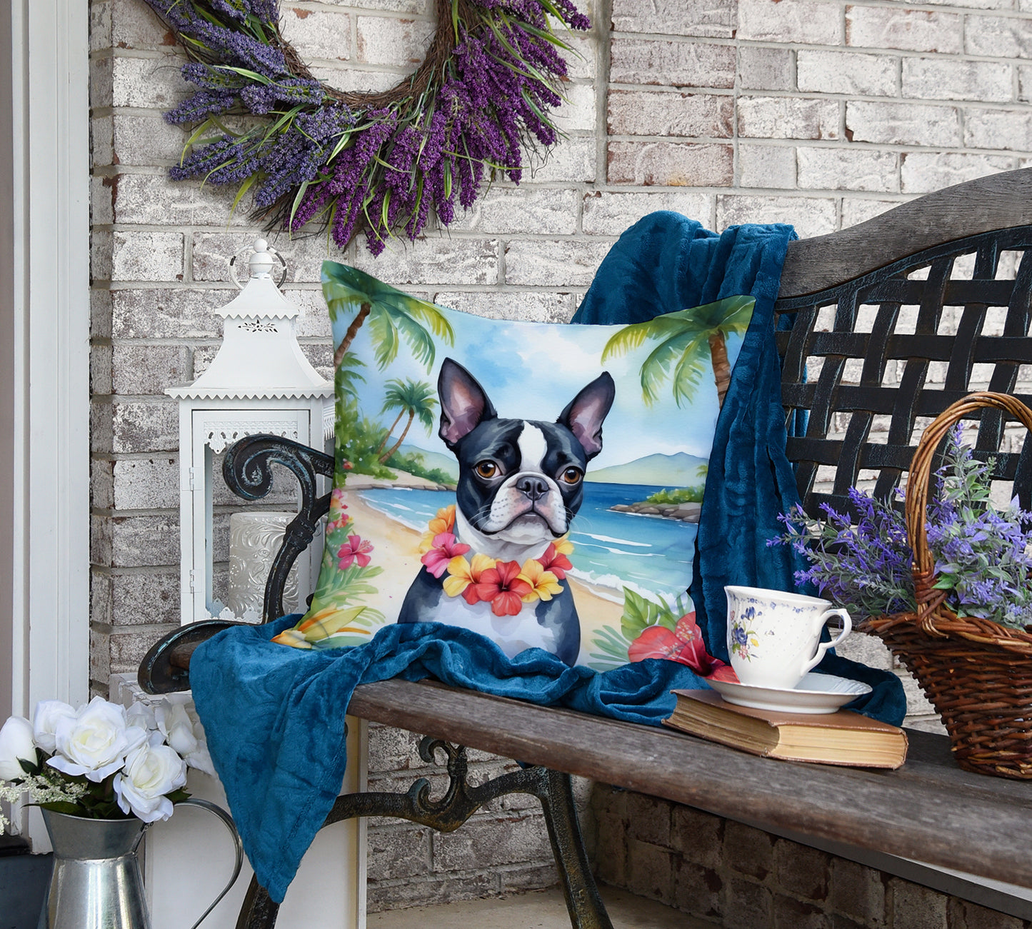 Boston Terrier Luau Throw Pillow