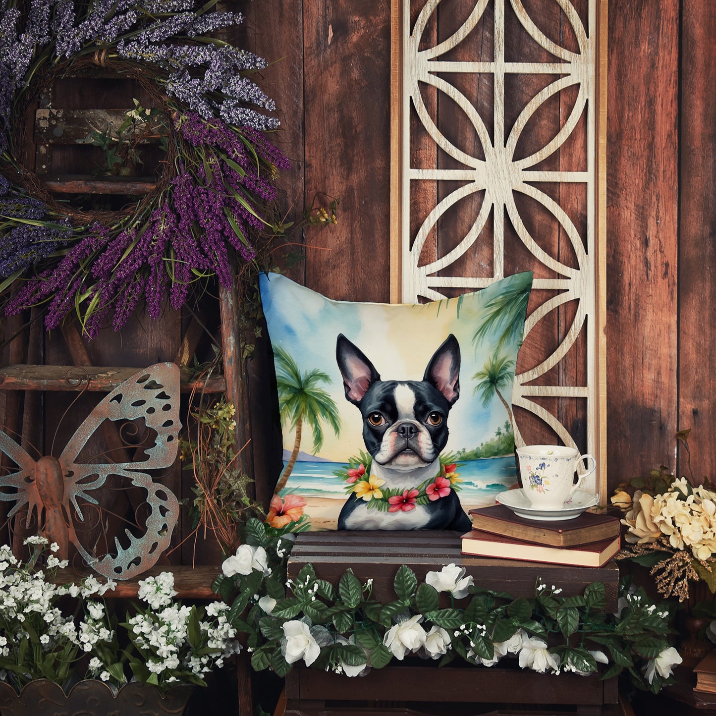 Boston Terrier Luau Throw Pillow