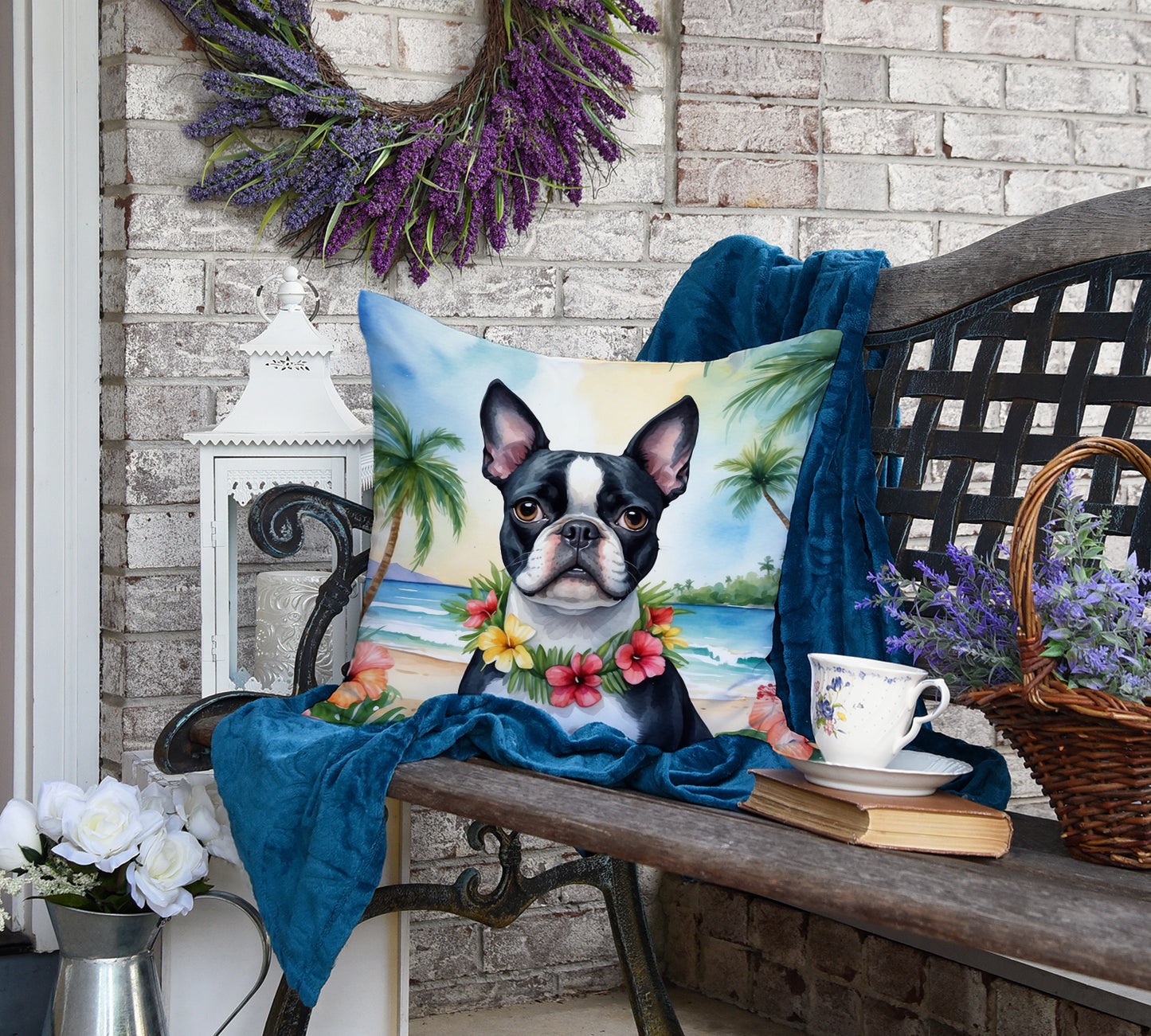 Boston Terrier Luau Throw Pillow