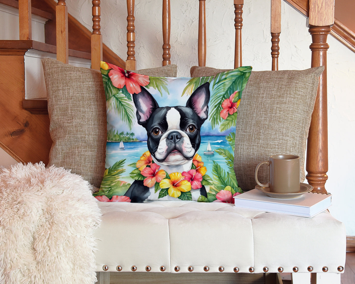 Boston Terrier Luau Throw Pillow