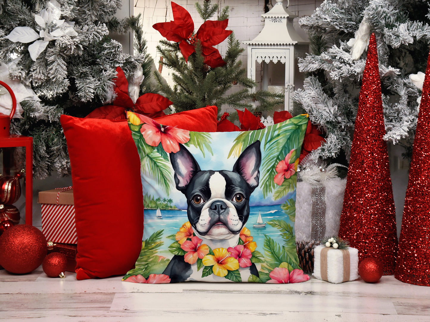 Boston Terrier Luau Throw Pillow