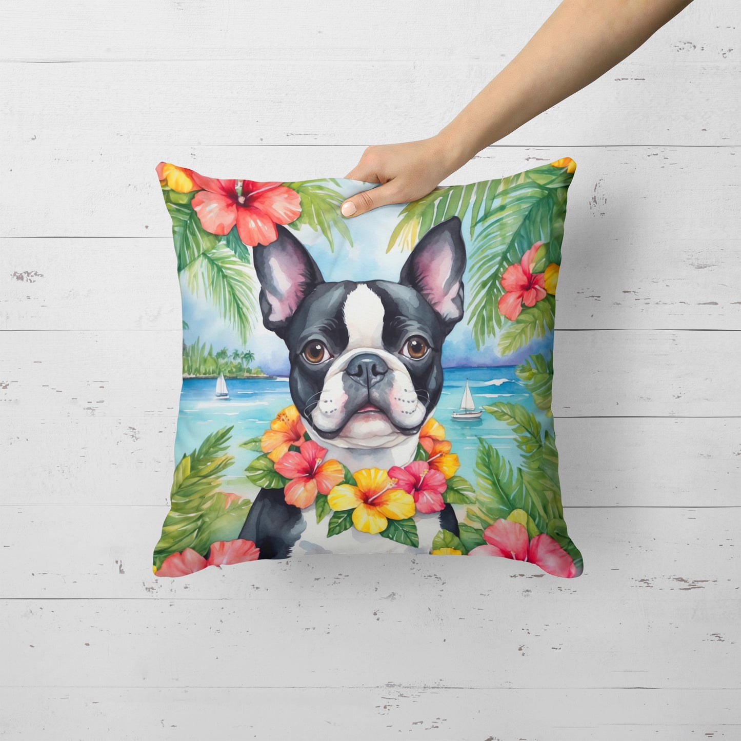 Boston Terrier Luau Throw Pillow