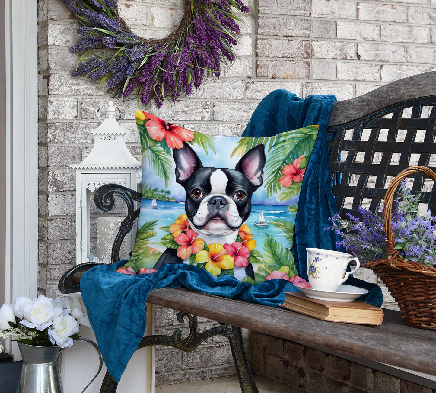 Boston Terrier Luau Throw Pillow