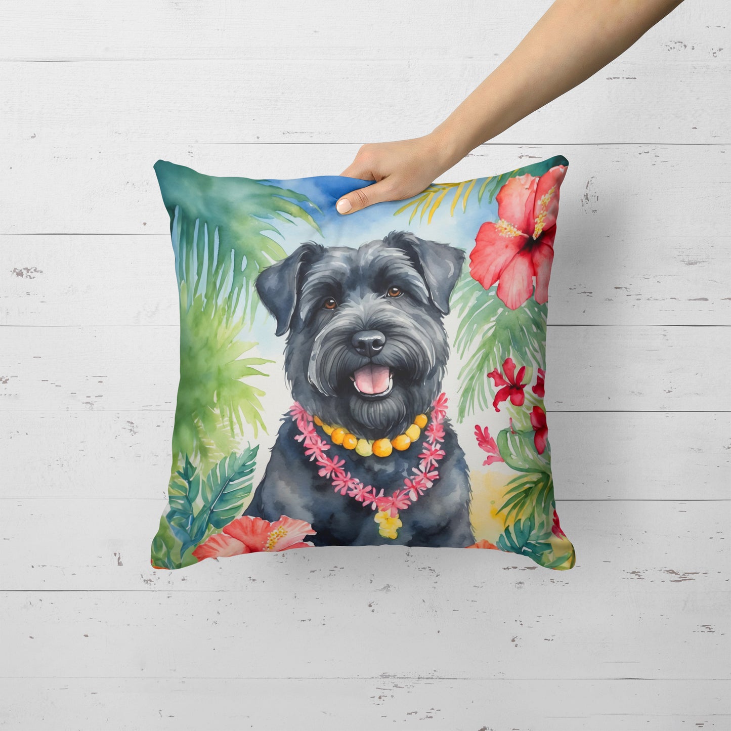 Bouvier des Flandres Luau Throw Pillow