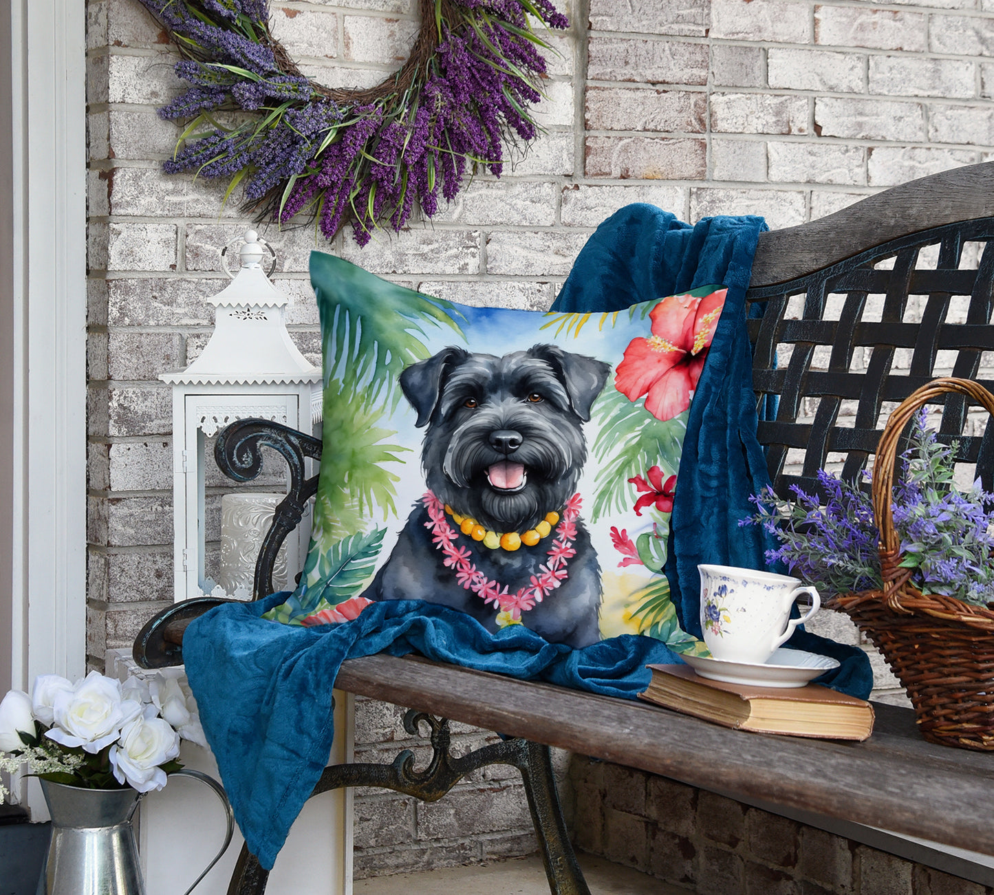 Bouvier des Flandres Luau Throw Pillow