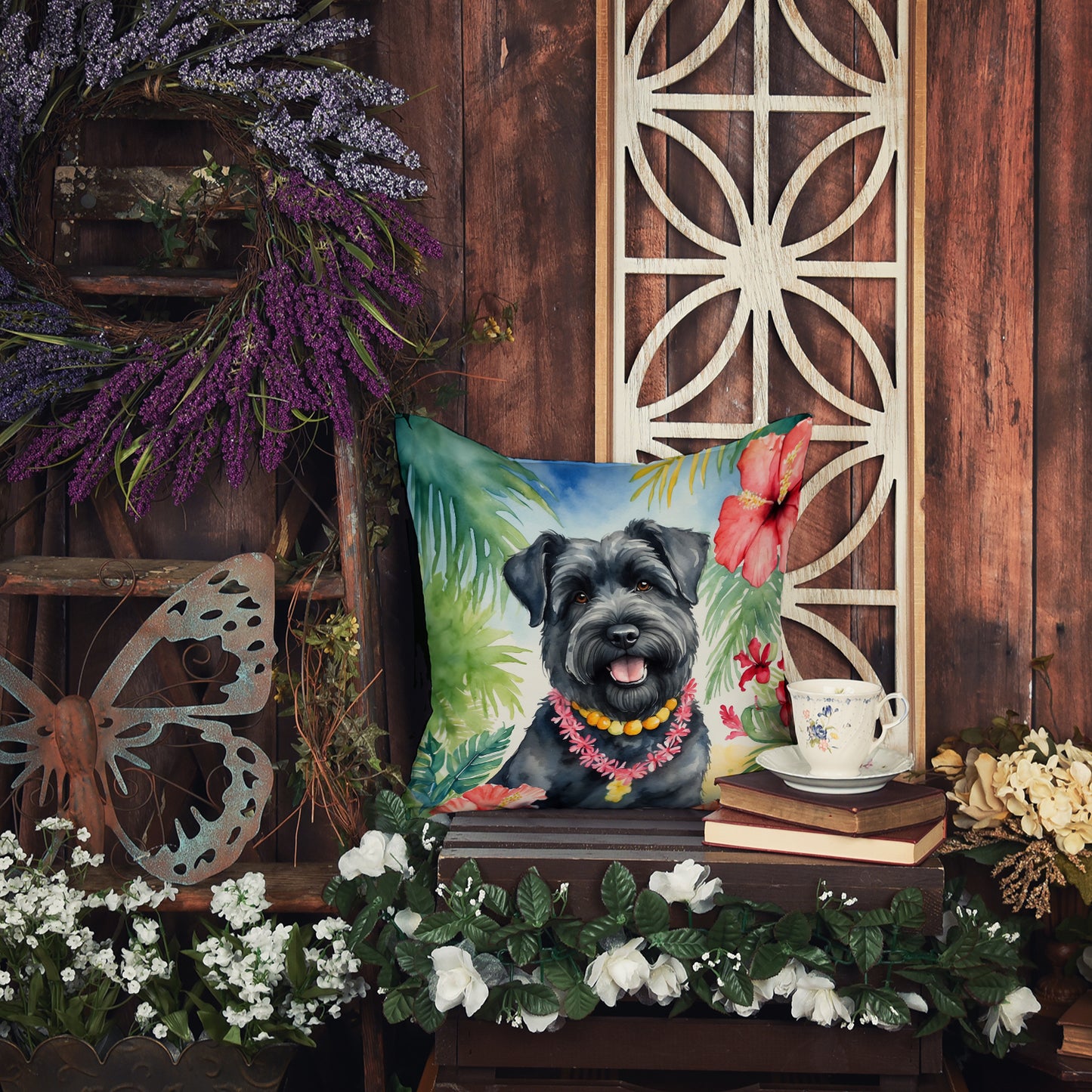 Bouvier des Flandres Luau Throw Pillow
