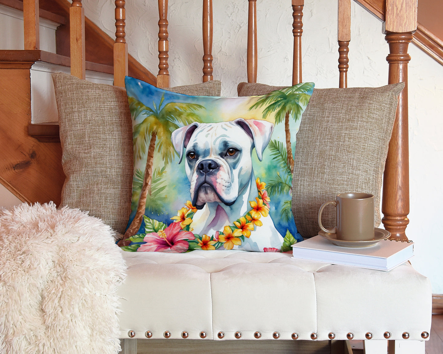 White Boxer Luau Throw Pillow