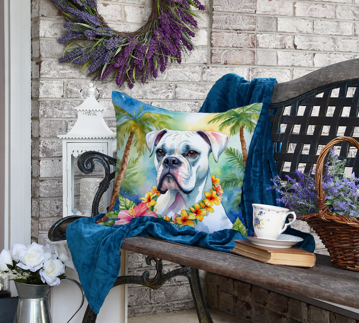 White Boxer Luau Throw Pillow