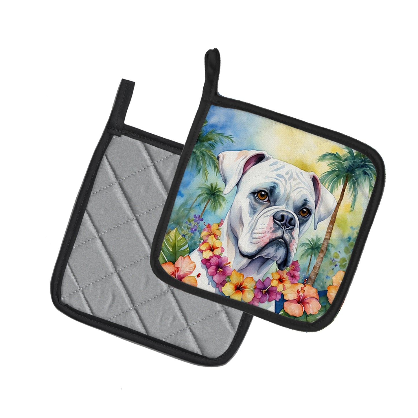 White Boxer Luau Pair of Pot Holders