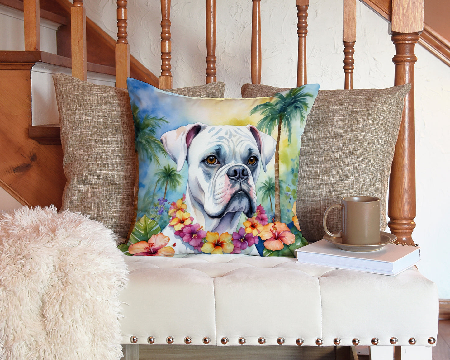 White Boxer Luau Throw Pillow