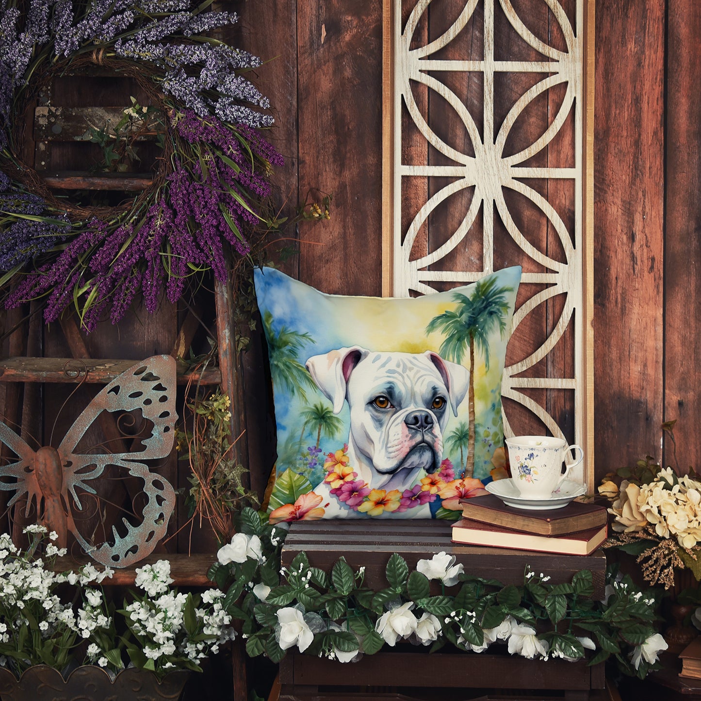 White Boxer Luau Throw Pillow