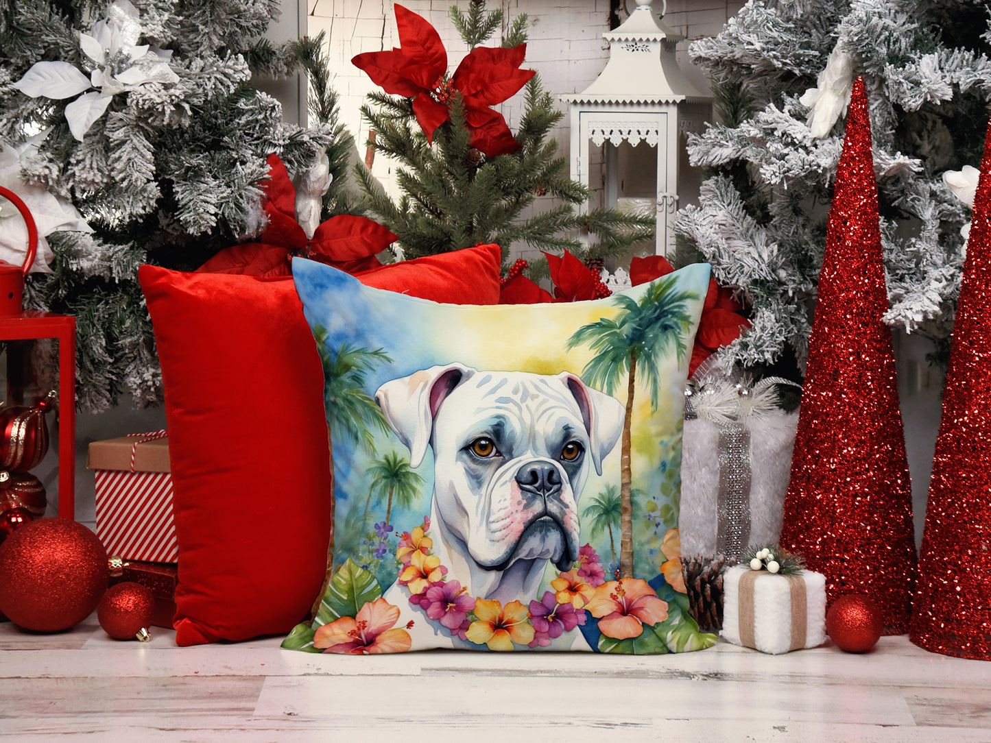 White Boxer Luau Throw Pillow