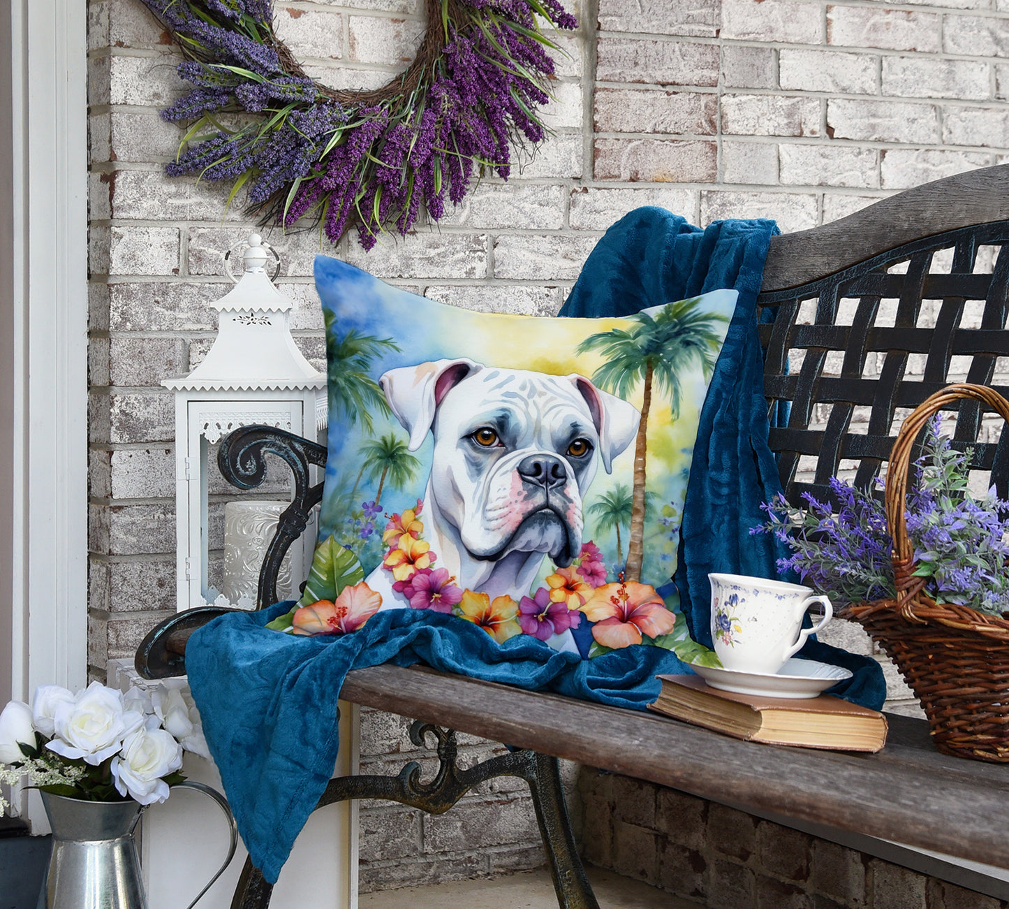 White Boxer Luau Throw Pillow