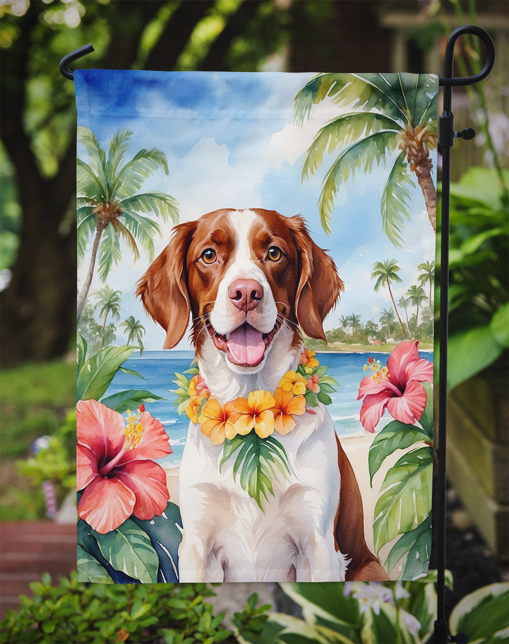 Brittany Spaniel Luau Garden Flag