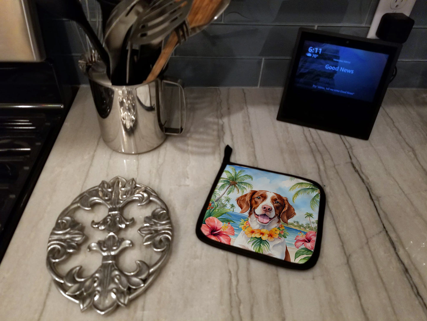 Brittany Spaniel Luau Pair of Pot Holders