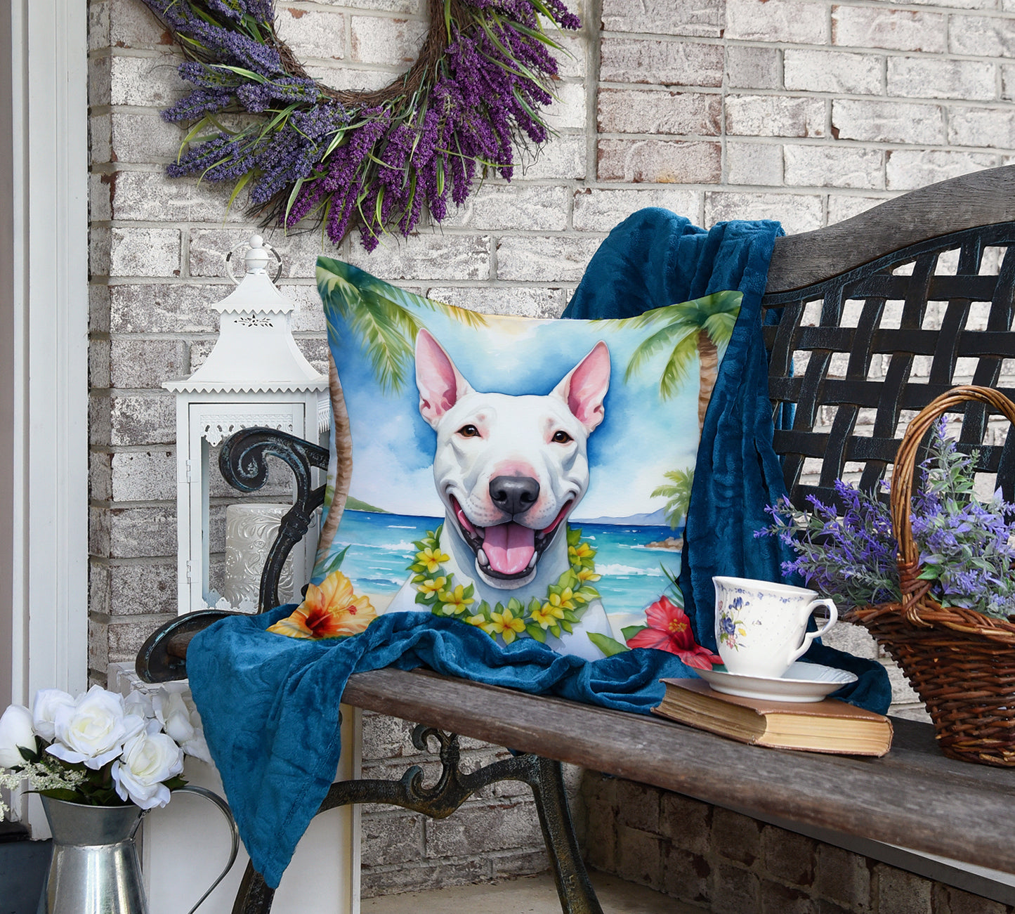 Bull Terrier Luau Throw Pillow