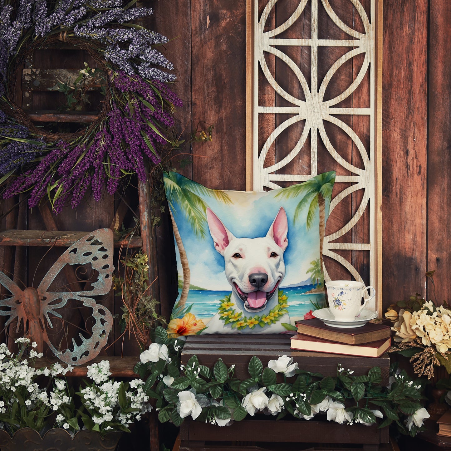 Bull Terrier Luau Throw Pillow