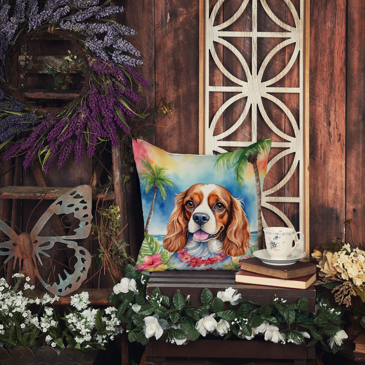 Cavalier Spaniel Luau Throw Pillow