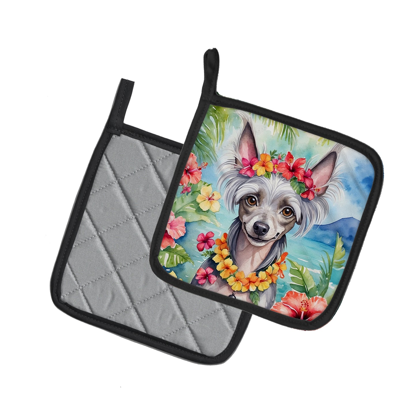 Chinese Crested Luau Pair of Pot Holders