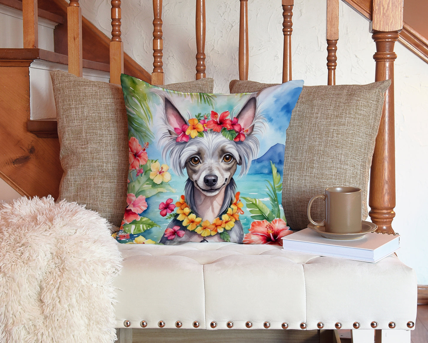 Chinese Crested Luau Throw Pillow