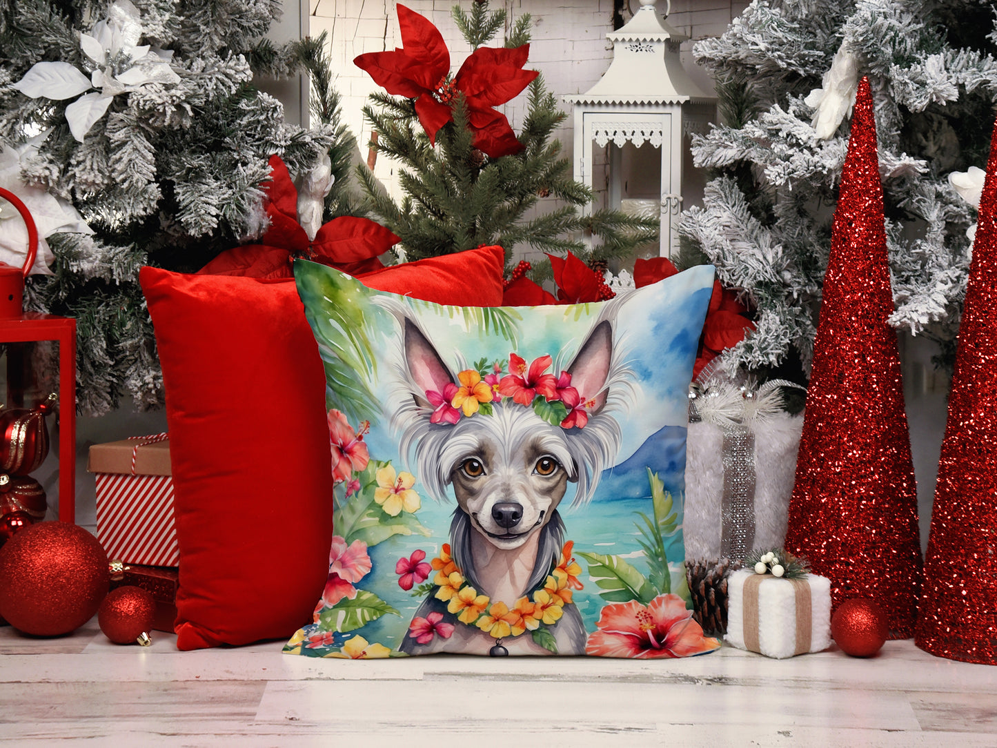 Chinese Crested Luau Throw Pillow