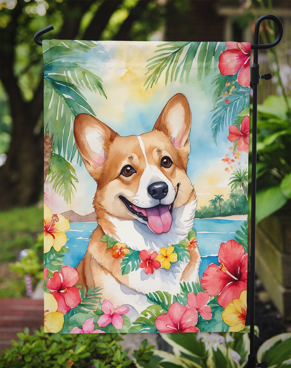 Corgi Luau Garden Flag