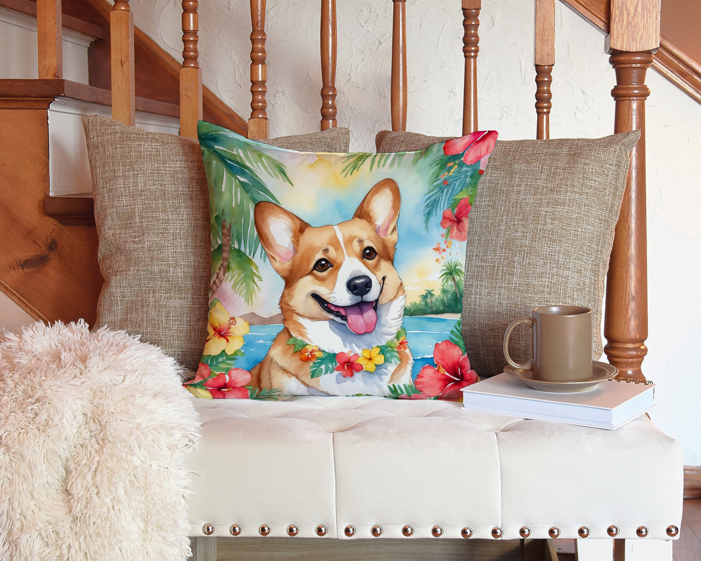 Corgi Luau Throw Pillow