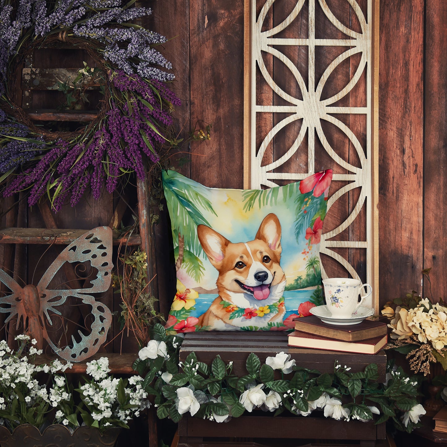 Corgi Luau Throw Pillow