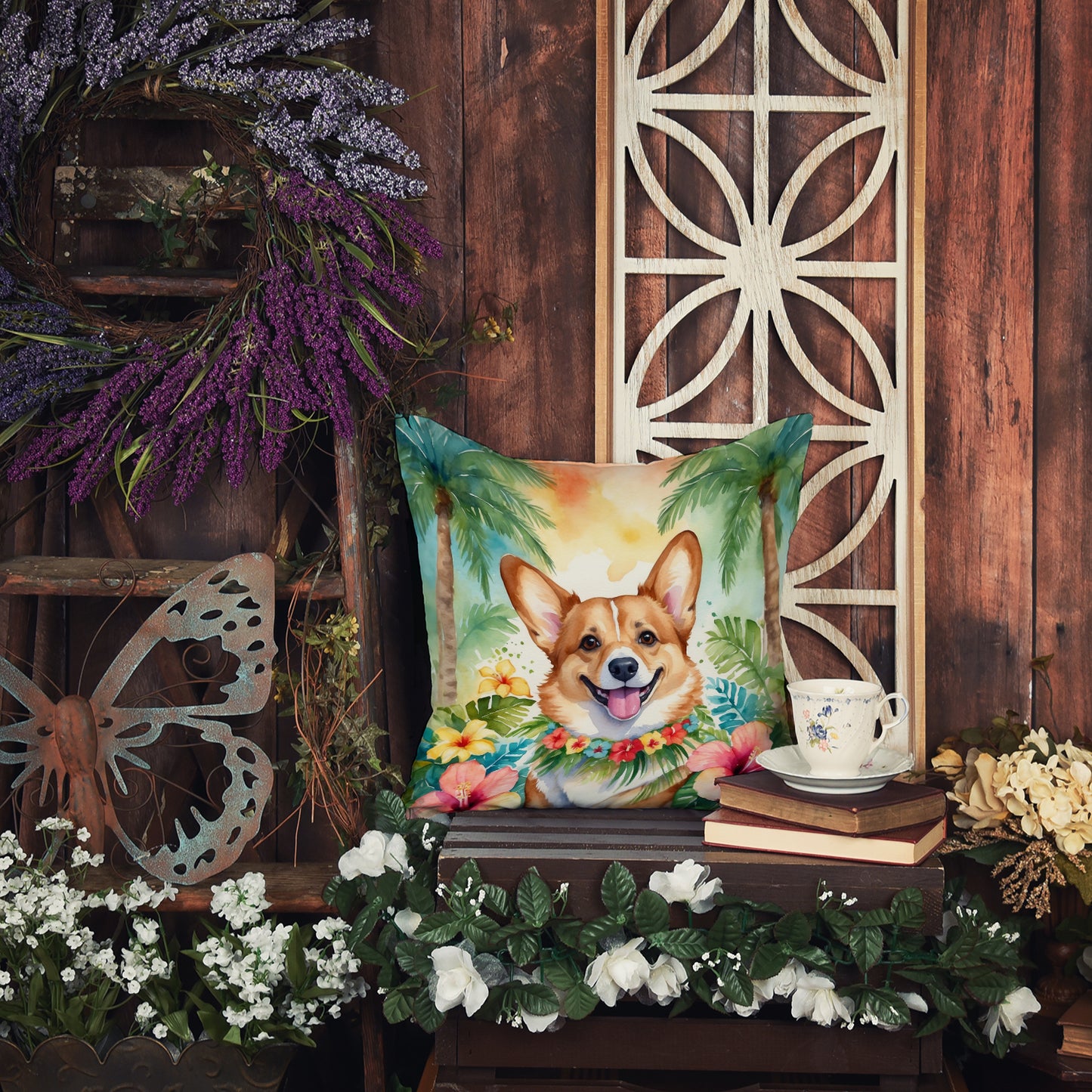 Corgi Luau Throw Pillow