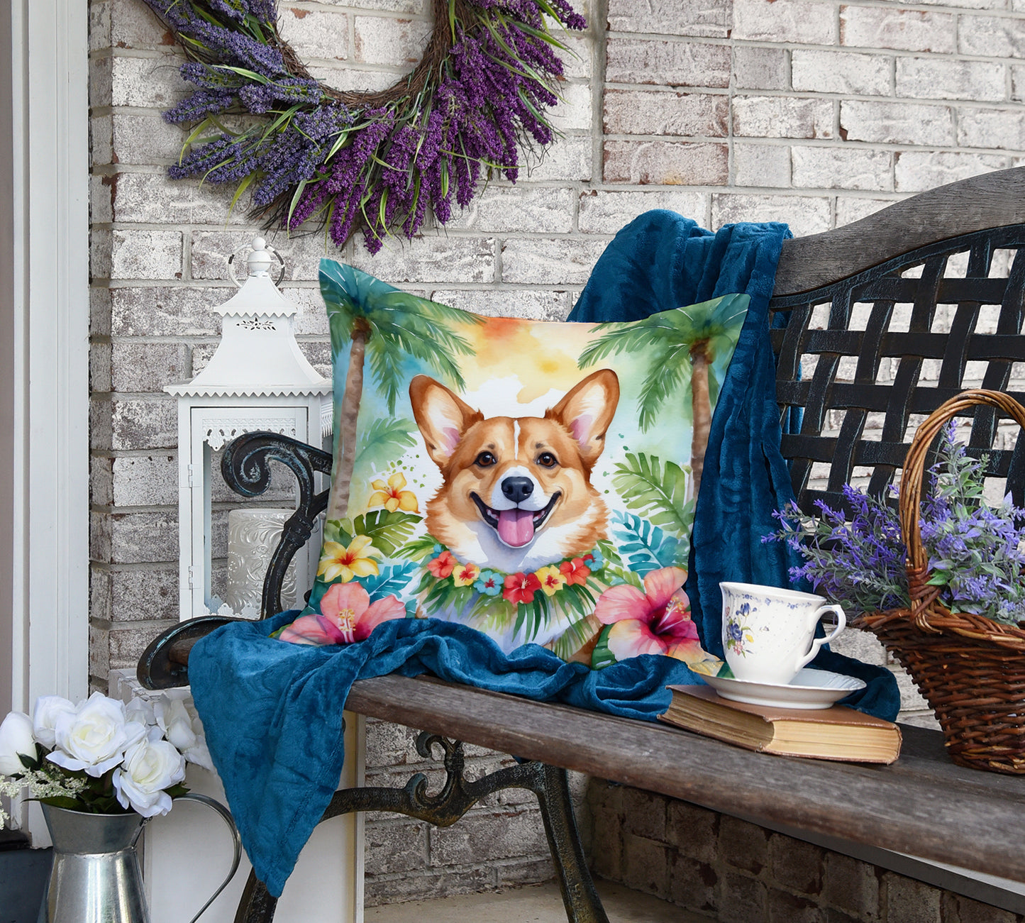 Corgi Luau Throw Pillow