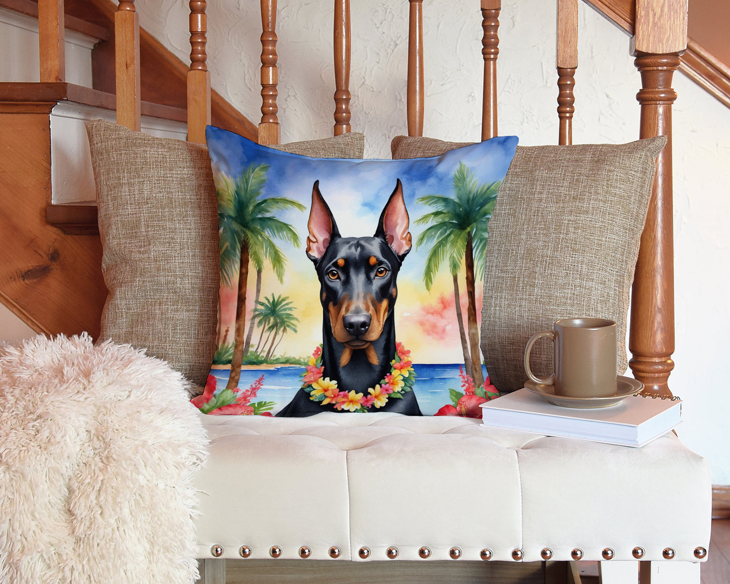 Doberman Pinscher Luau Throw Pillow