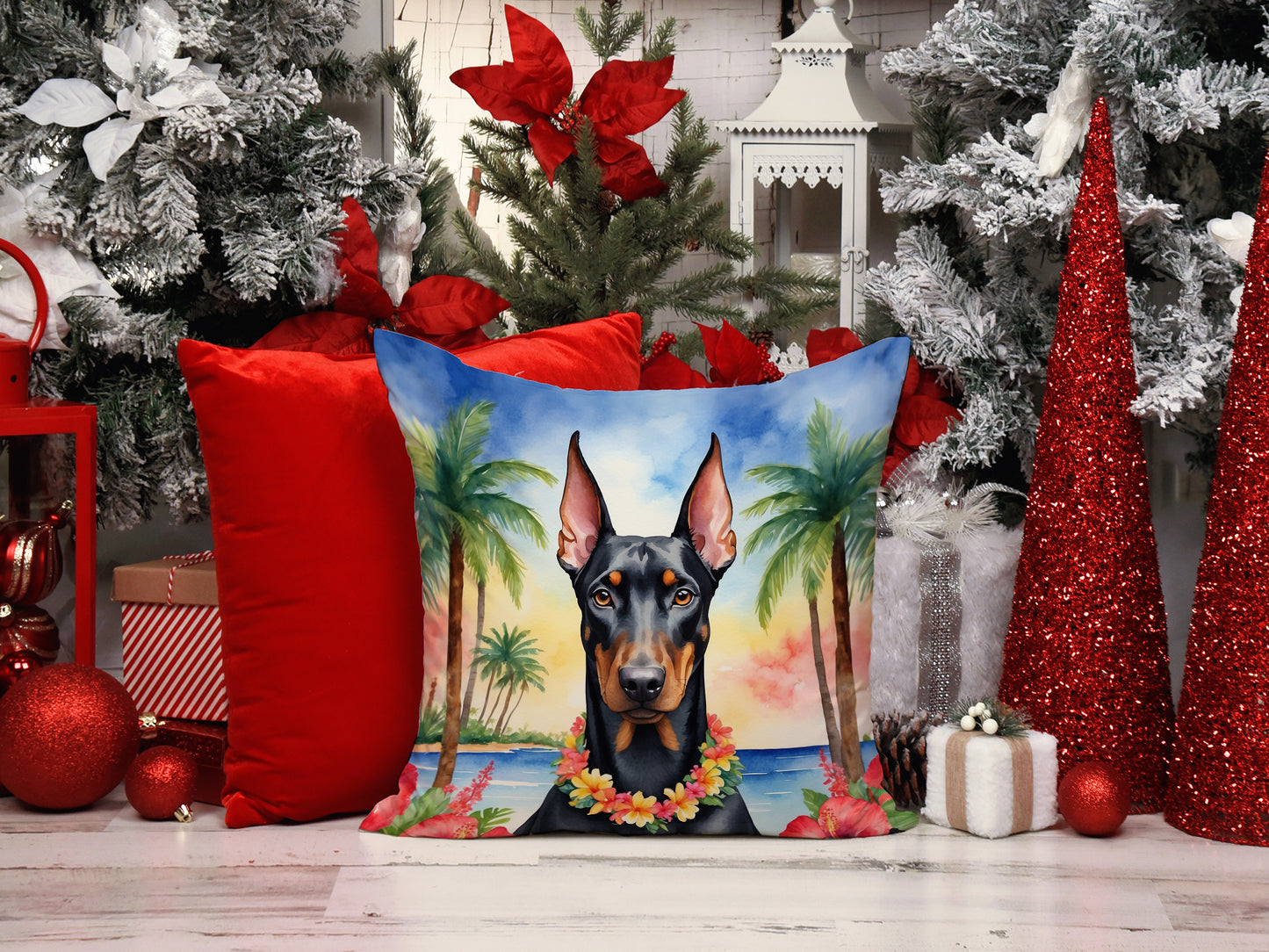 Doberman Pinscher Luau Throw Pillow