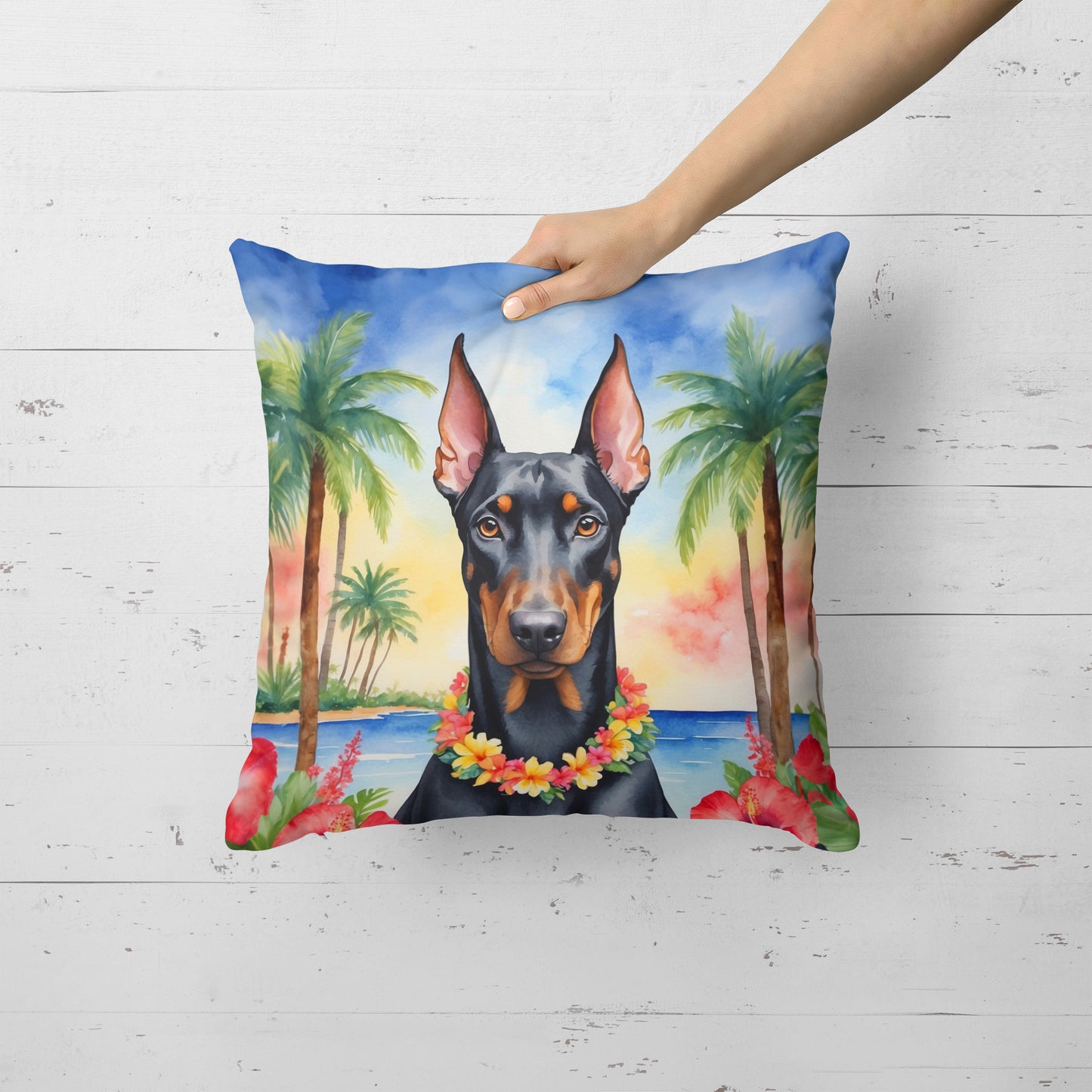 Doberman Pinscher Luau Throw Pillow