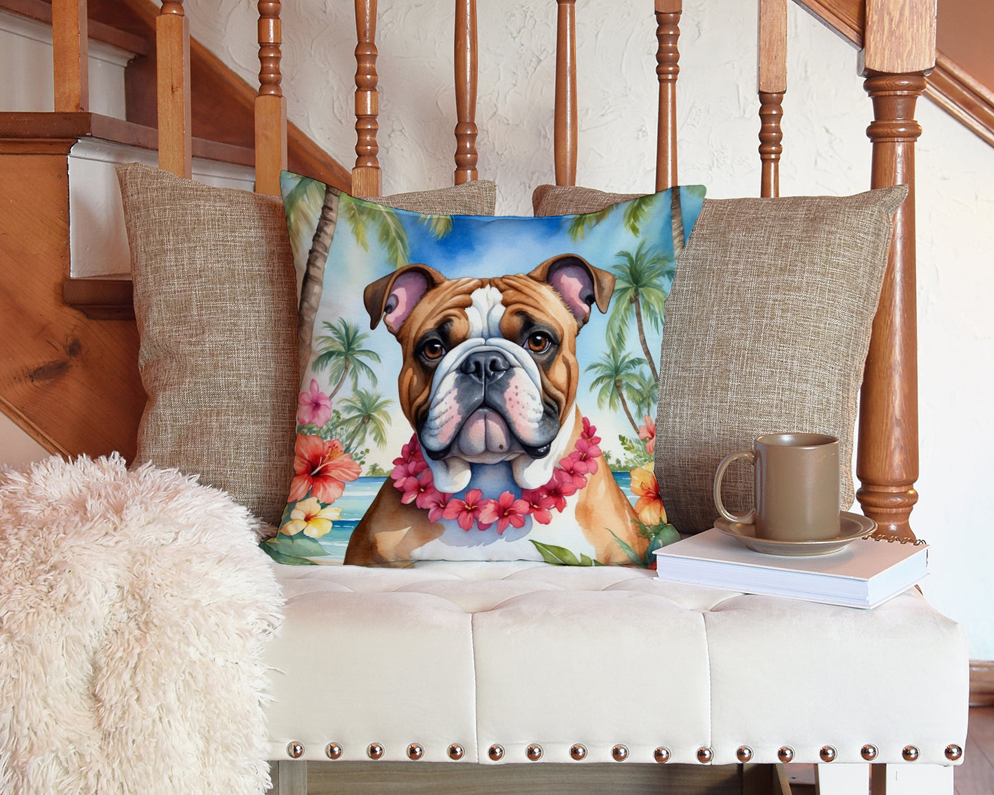 English Bulldog Luau Throw Pillow