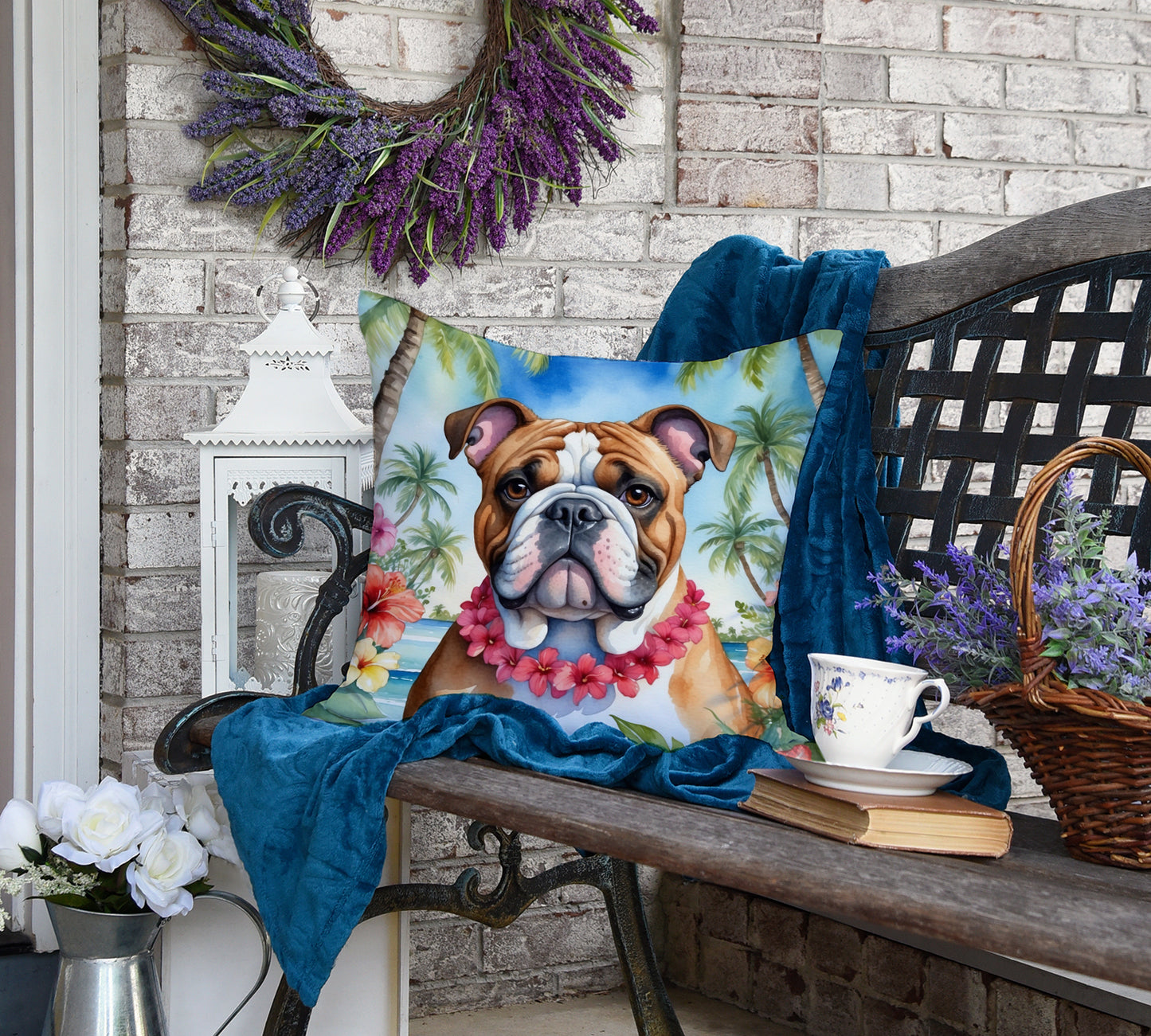 English Bulldog Luau Throw Pillow