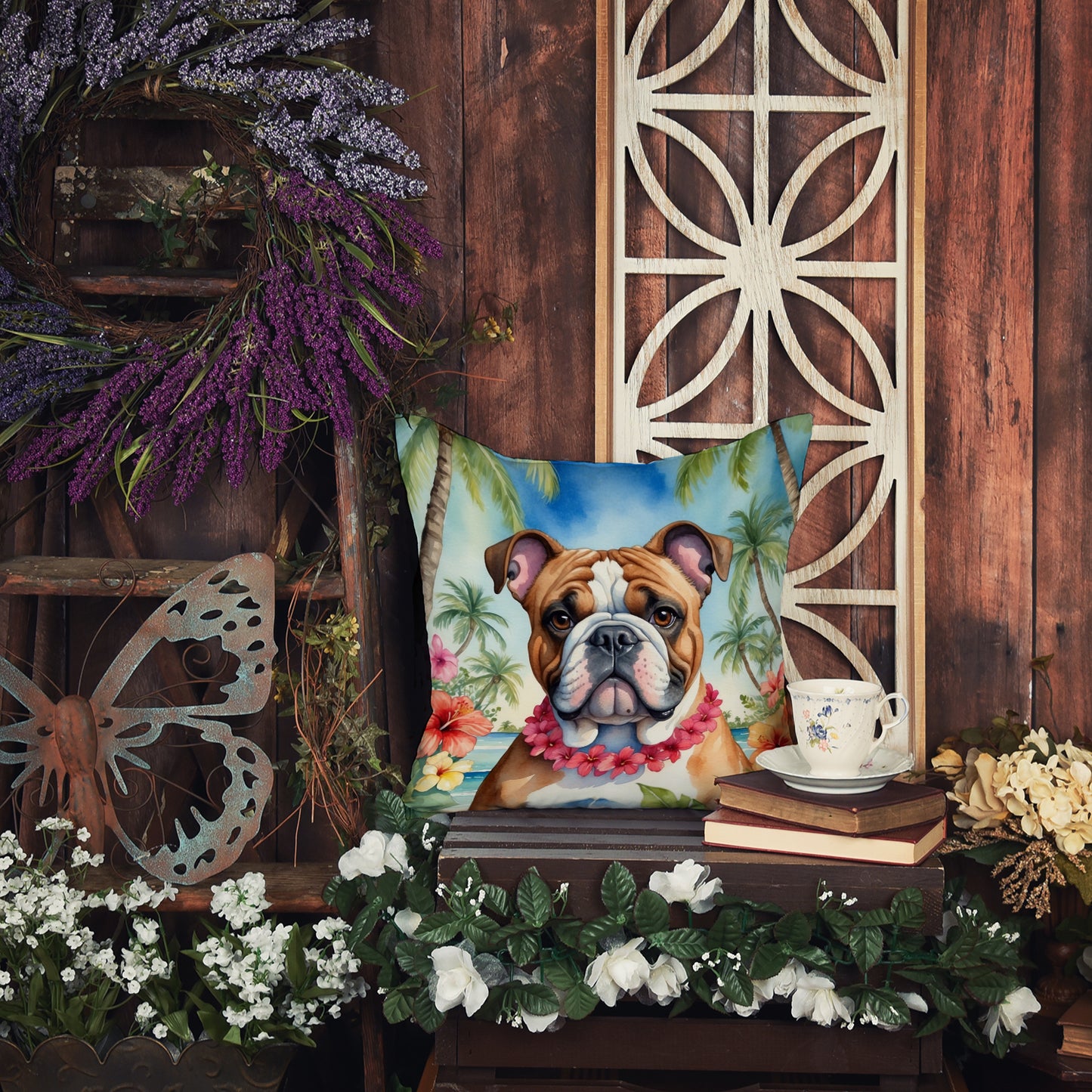 English Bulldog Luau Throw Pillow