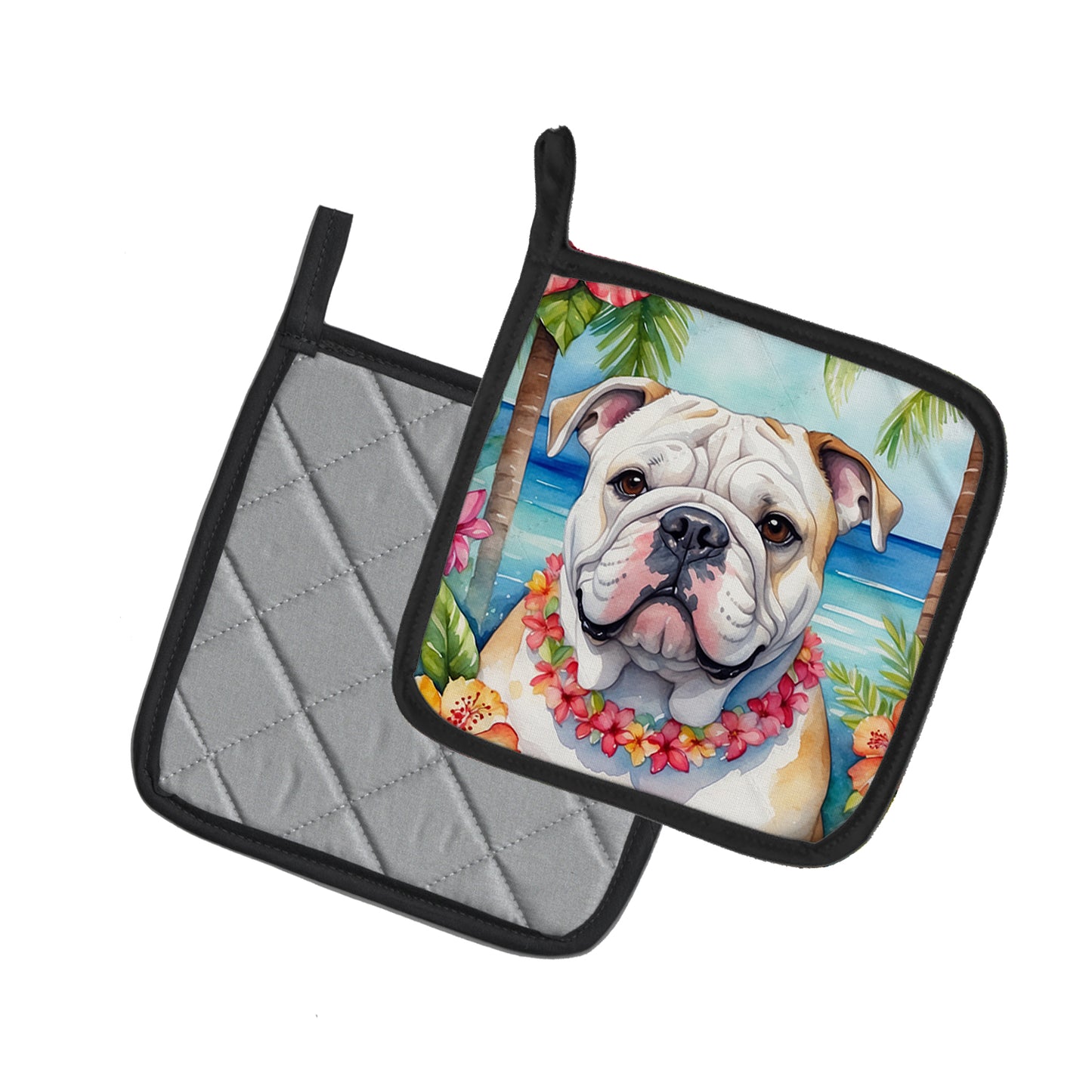 English Bulldog Luau Pair of Pot Holders