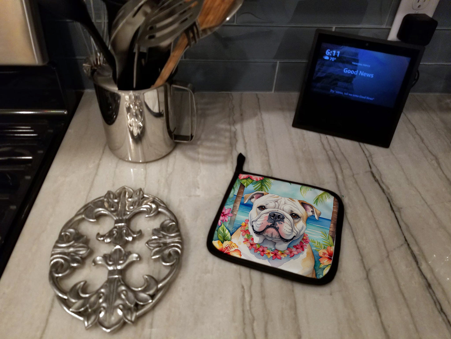English Bulldog Luau Pair of Pot Holders