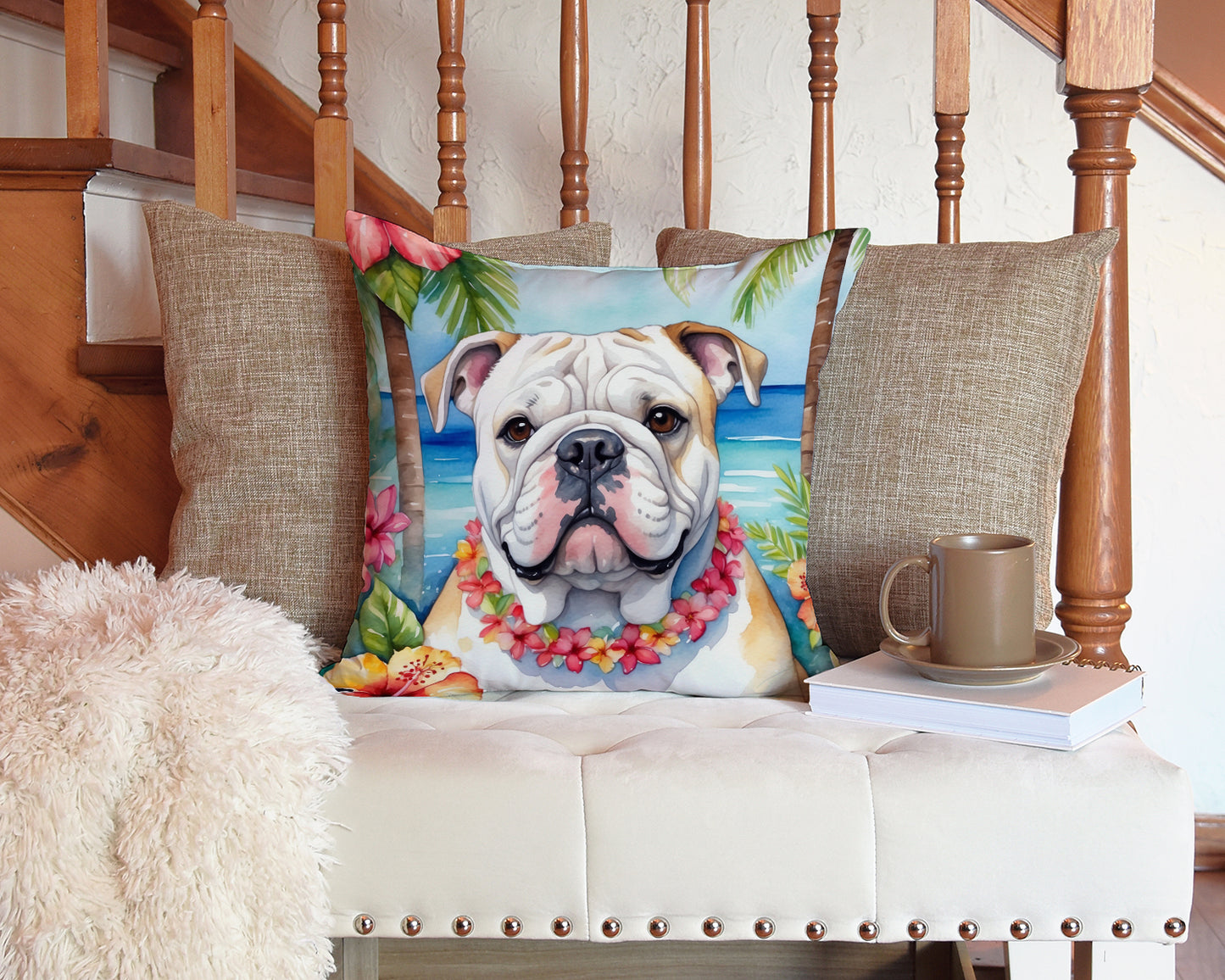 English Bulldog Luau Throw Pillow