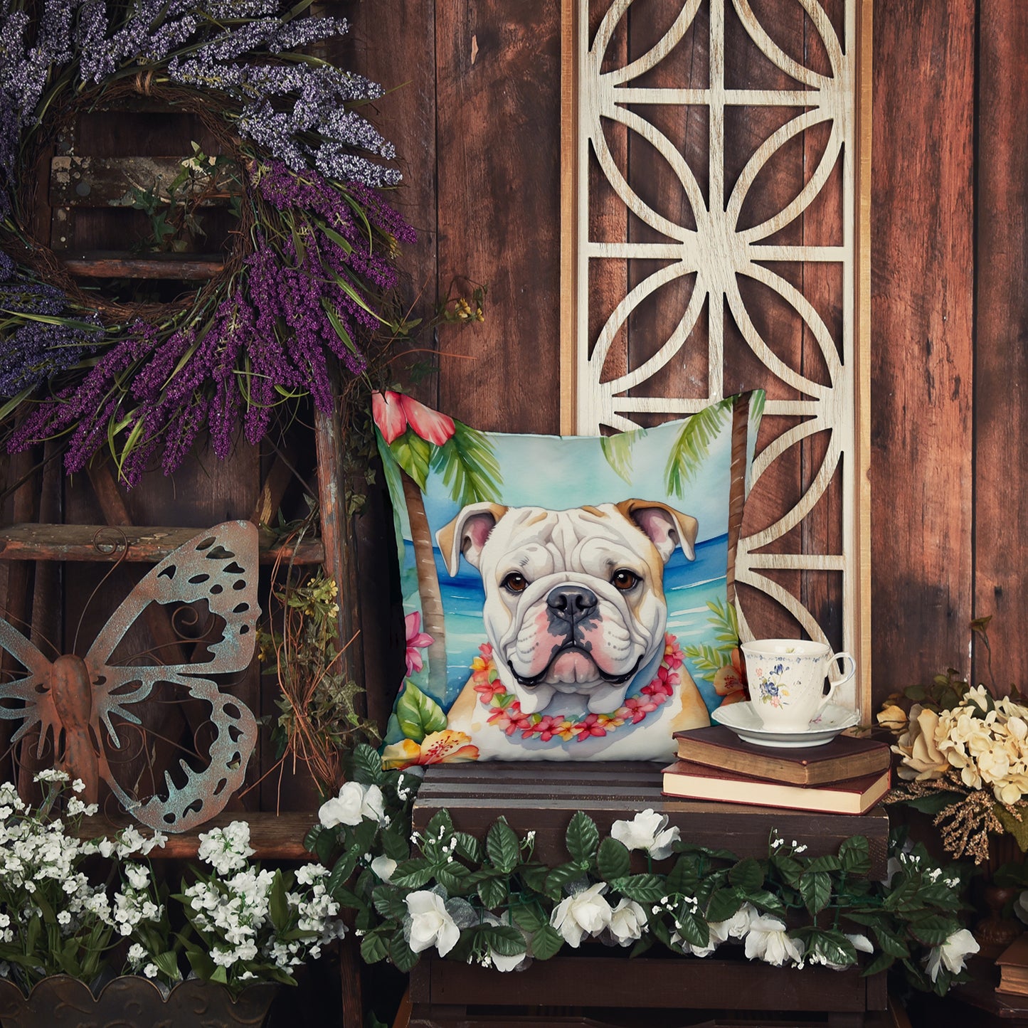 English Bulldog Luau Throw Pillow