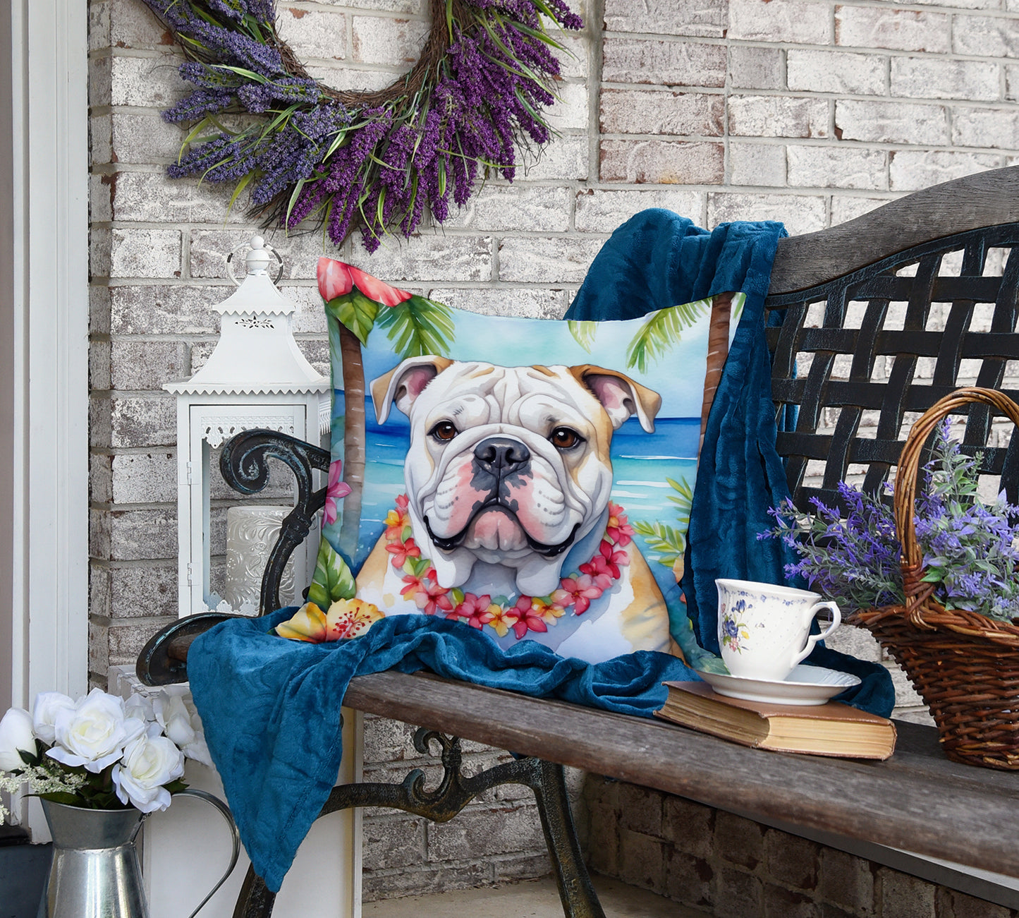 English Bulldog Luau Throw Pillow