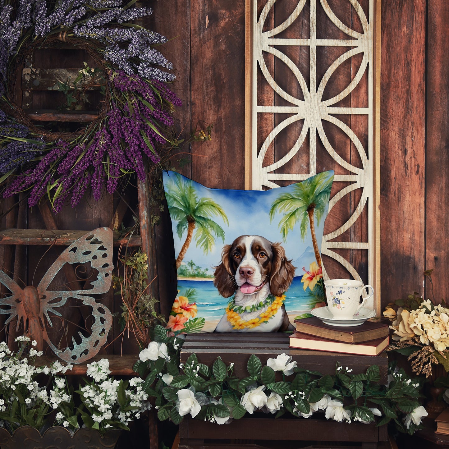 English Springer Spaniel Luau Throw Pillow