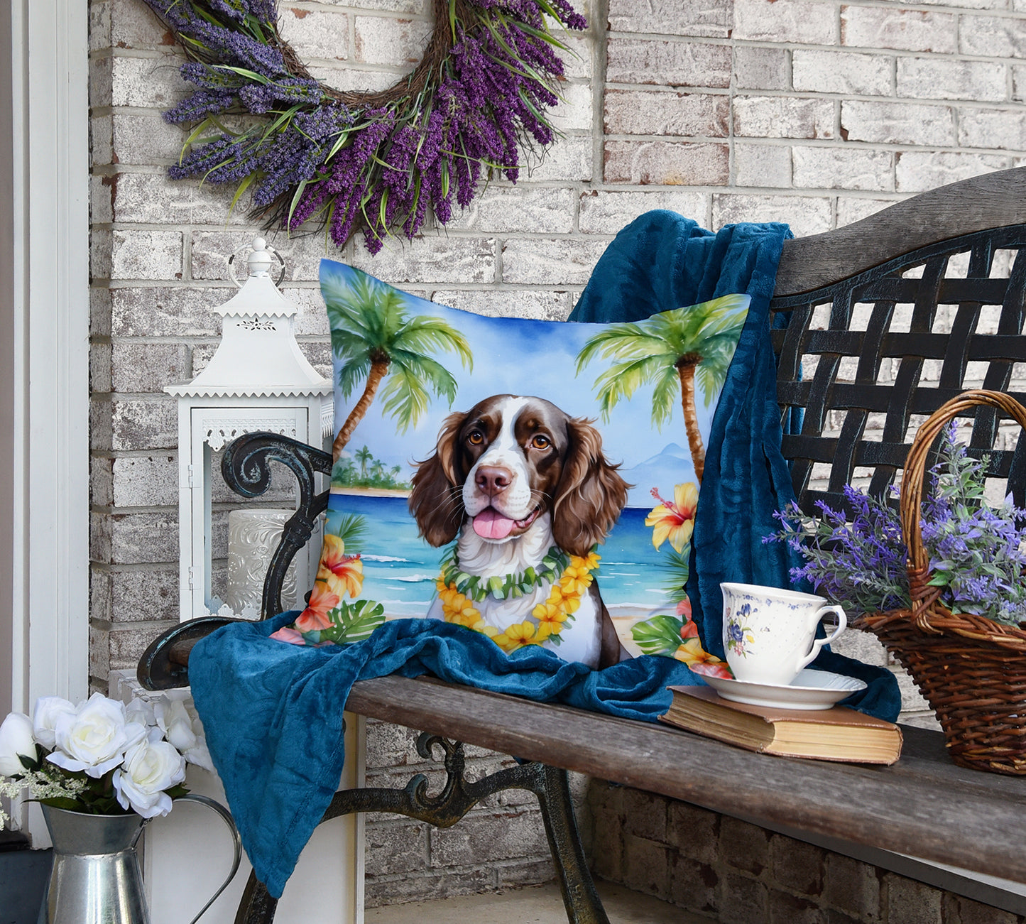 English Springer Spaniel Luau Throw Pillow