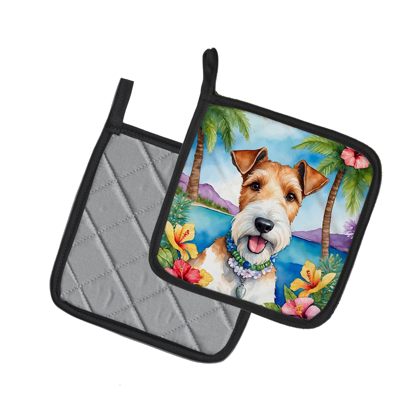 Fox Terrier Luau Pair of Pot Holders