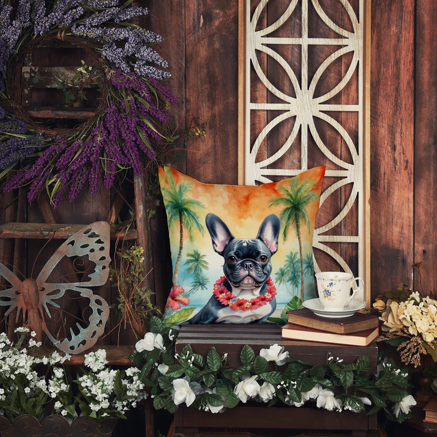 French Bulldog Luau Throw Pillow