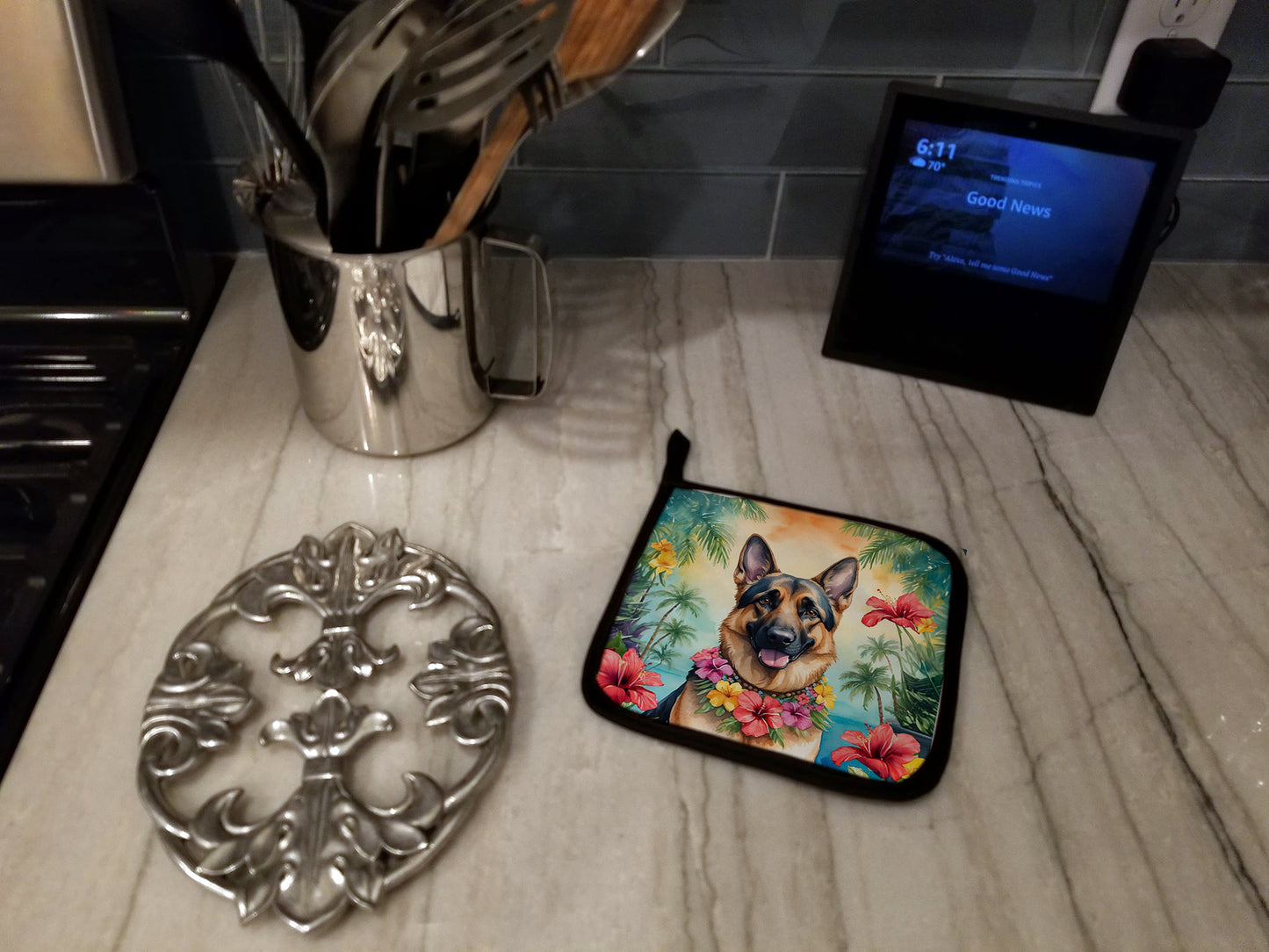 German Shepherd Luau Pair of Pot Holders