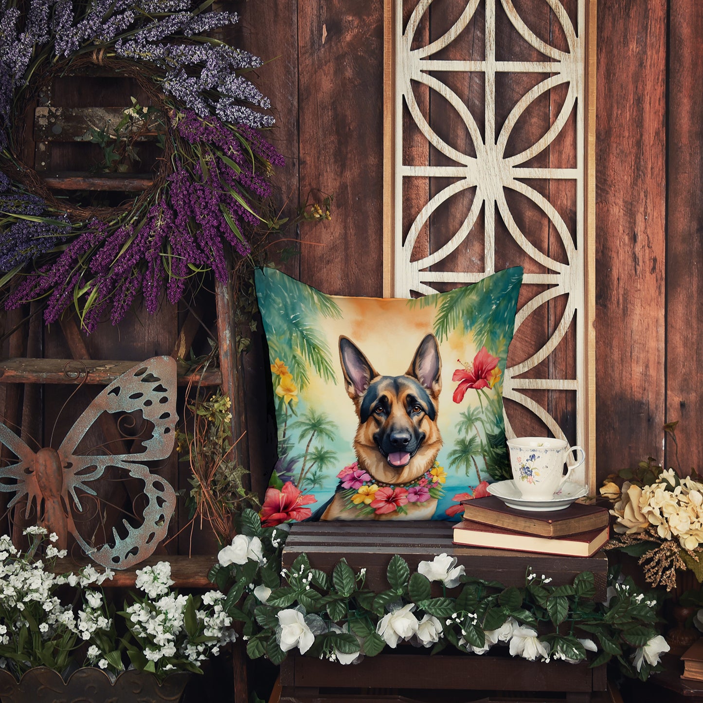 German Shepherd Luau Throw Pillow